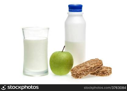 Healthy food with cereal bar apple and milk
