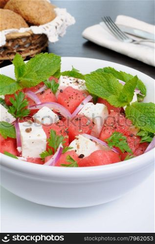 Healthy Fresh Organic Watermelon Salad with Mint and feta cheese