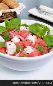 Healthy Fresh Organic Watermelon Salad with Mint and feta cheese