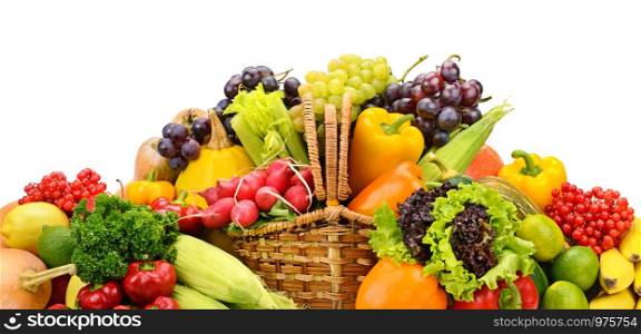 Healthy fresh vegetables and fruits in willow basket isolated on white. Copy space