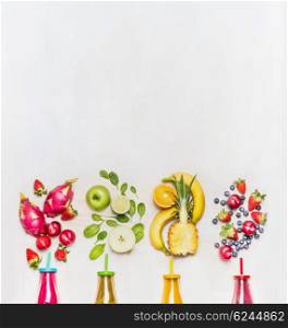 Healthy fruits smoothies with colorful ingredients on white wooden background, top view, place for text. Superfoods and healthy lifestyle or detox diet food concept.