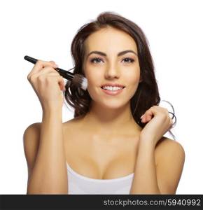 Healthy girl with makeup brush isolated