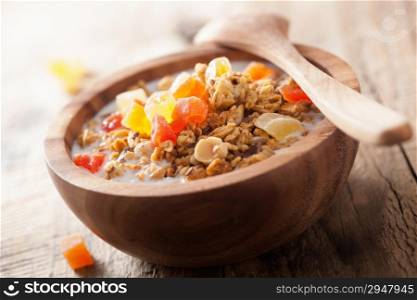 healthy granola with dried fruits for breakfast