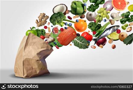 Healthy grocery supermarket concept and nutritional food groceries as fruit vegetables nuts fish and beans coming out of a paper bag as a natural diet as an image composite.