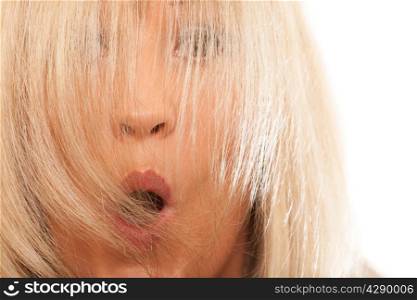 Healthy hair hairdressing concept. Time for new hairstyling rejuvenation. Woman covering her face with long straight hair, surprised emotion