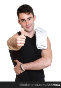 Healthy happy young man thumb up with towel isolated on white background