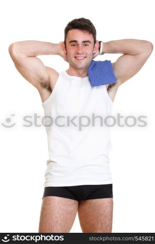 Healthy happy young man thumb up with towel isolated on white background