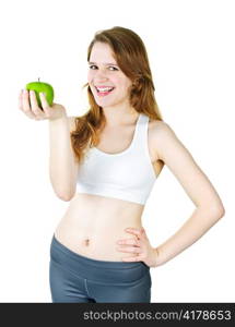 Healthy happy young woman holding green apple