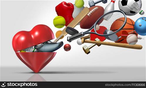 Healthy heart sports made with exercise sport equipment as an active living symbol for a fit lifestyle as a medical health and fitness and wellness icon with 3D illustration elements.