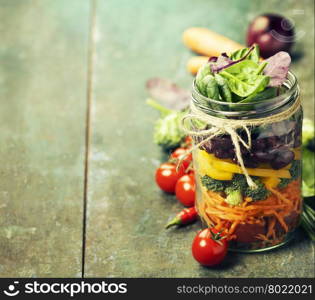 Healthy Homemade Mason Jar Salad with Beans and Veggies - Healthy food, Diet, Detox, Clean Eating or Vegetarian concept