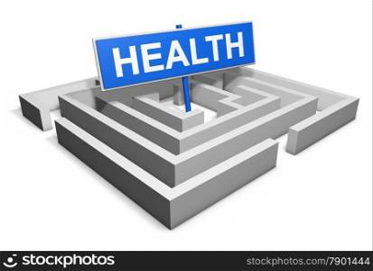 Healthy lifestyle achievement concept with a labyrinth and a blue goal sign with health text isolated on white background.