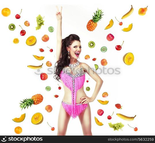 Healthy Lifestyle &amp; Diet Concept. Woman with Mix of Juicy Fresh Fruit