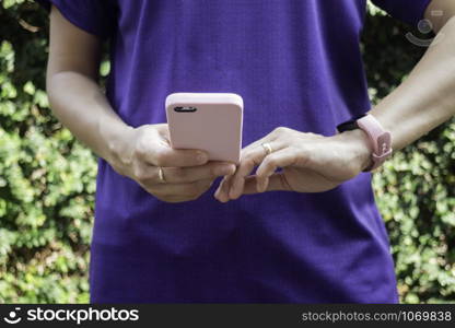 Healthy lifestyle concept female wearing sport tracker wristband arm, stock photo