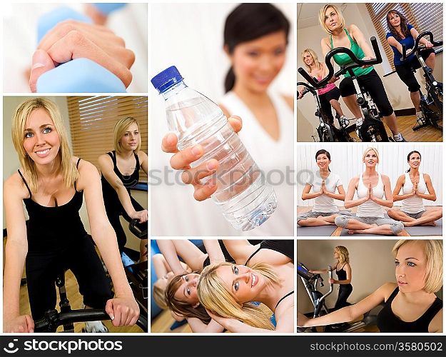 Healthy lifestyle montage of beautiful women, relaxing, working out, smiling and exercising together at a gym