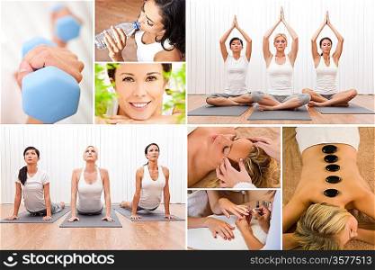 Healthy lifestyle montage of beautiful women, relaxing, working out, smiling at a health spa