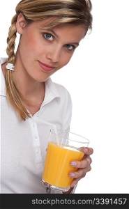Healthy lifestyle series - Blond woman holding orange juice on white background