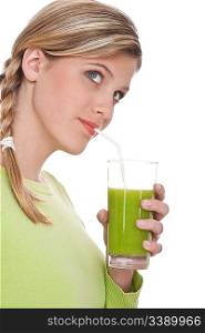 Healthy lifestyle series - Woman drinking kiwi juice on white background