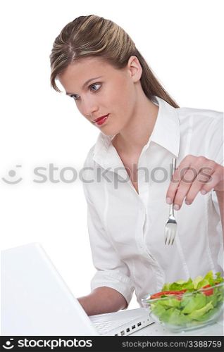 Healthy lifestyle series - Woman eating salad at office on white background