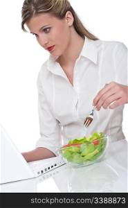 Healthy lifestyle series - Woman having lunch break at office on white background