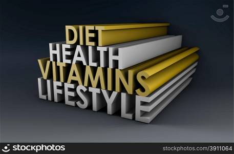 Healthy Lifestyle with Diet and Vitamins in 3d. Healthy Lifestyle