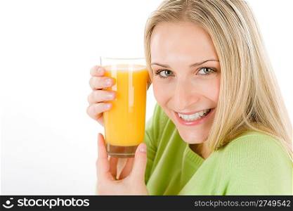 Healthy lifestyle - woman with orange juice on white background