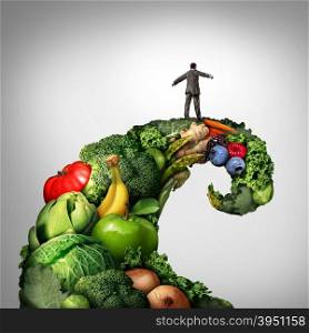 Healthy living movement as a person on top of a group of vegetables and fruit shaped as a wave or tide representing a natural organic vegetarian diet trend.