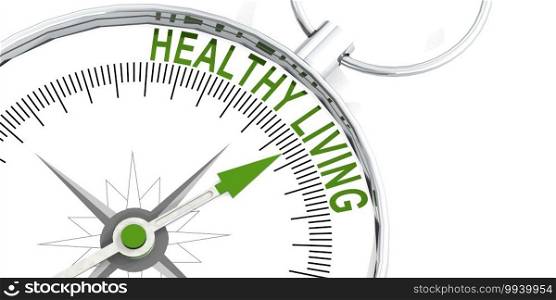 Healthy living word on white compass, 3d rendering