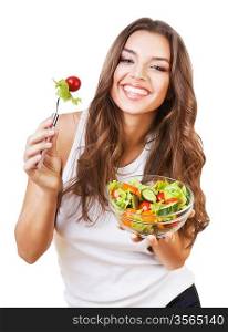 healthy lovely woman with salad on white background
