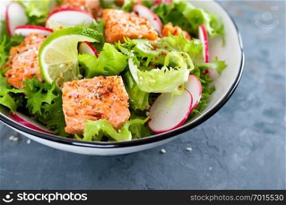Healthy lunch salad with baked salmon fish, fresh radish, lettuce and lime
