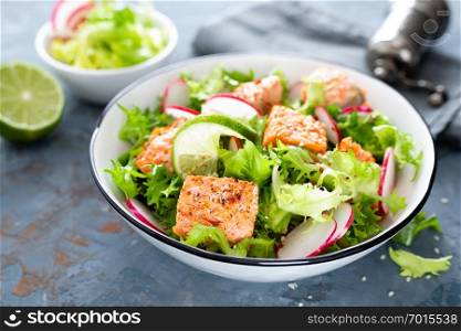 Healthy lunch salad with baked salmon fish, fresh radish, lettuce and lime