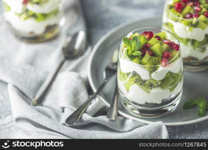 Healthy meal made of granola, yogurt and kiwi fruits. Delicious food for breakfast. Traditional American snack.