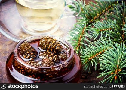 Healthy medicinal jam from pine cones for tea.Natural Medicine. Jam from pine cones for tea