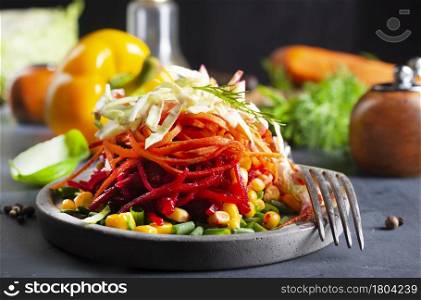 Healthy mixed vegetables and leaves eco salad. Red salad with beetroot, carrot and herbs.