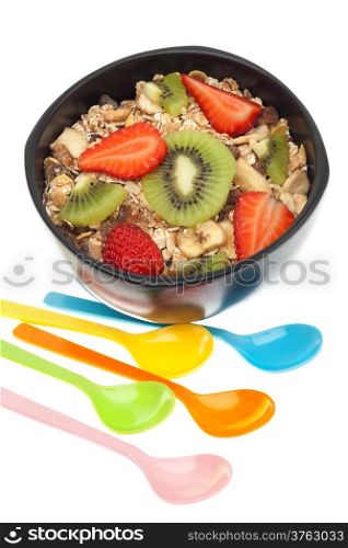 Healthy muesli and fruits breakfast isolated on white background
