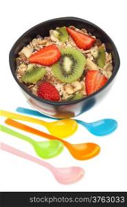 Healthy muesli and fruits breakfast isolated on white background