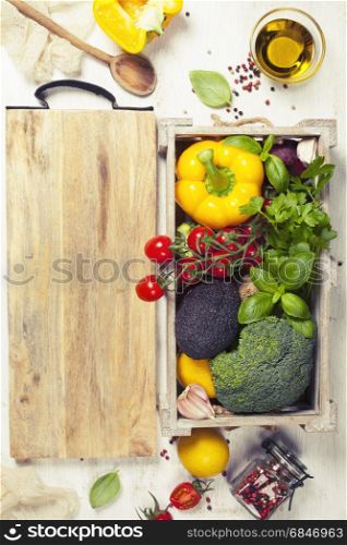 Healthy natural food on rustic wooden table with copy space.