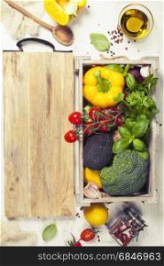 Healthy natural food on rustic wooden table with copy space.