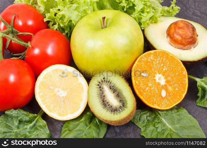 Healthy natural ripe fruits and vegetables. Nutritious food containing minerals and vitamins. Healthy natural fruits and vegetables. Nutritious food containing minerals and vitamins