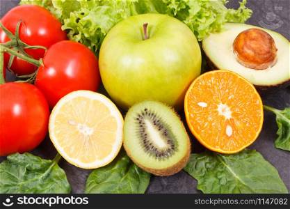 Healthy natural ripe fruits and vegetables. Nutritious food containing minerals and vitamins. Healthy natural fruits and vegetables. Nutritious food containing minerals and vitamins