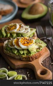 healthy nutrition and light breakfast - toast with avocado and egg