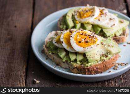 healthy nutrition and light breakfast - toast with avocado and egg