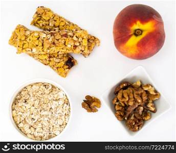 Healthy Nutrition. Childrens Food, School Lunches. Cereals, Nuts and Fruits Studio Photo. Healthy Nutrition. Childrens Food, School Lunches. Cereals, Nuts