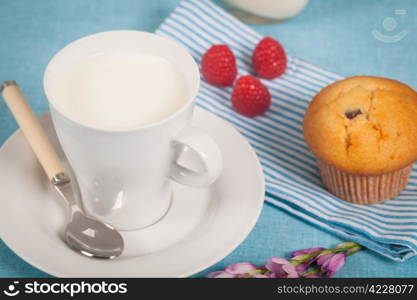 Healthy nutrition with fresh milk and chocolate muffin