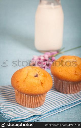 Healthy nutrition with fresh milk and chocolate muffin