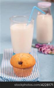 Healthy nutrition with fresh milk and chocolate muffin