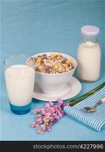 Healthy nutrition with fresh milk and muesli