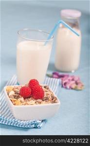 Healthy nutrition with fresh milk and muesli