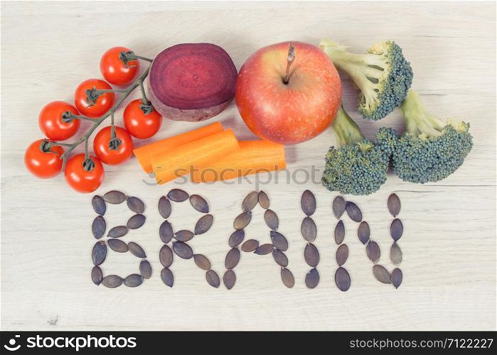 Healthy nutritious eating as source vitamin and minerals, concept of best food for brain health and good memory. Healthy nutritious eating as source natural vitamin and minerals, food for brain health concept