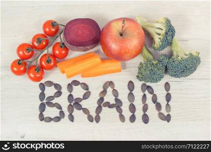 Healthy nutritious eating as source vitamin and minerals, concept of best food for brain health and good memory. Healthy nutritious eating as source natural vitamin and minerals, food for brain health concept