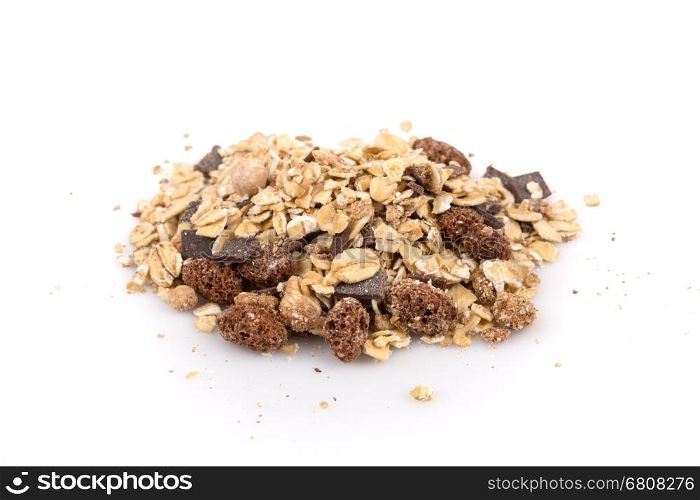 Healthy oat granola muesli cereals with chocolate on white